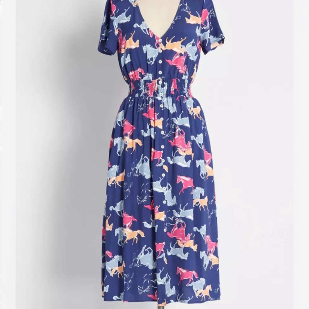 NWT Dress ModCloth Equine Devine MIDI dress 💙🐴💕 size Small or 2x  Horse Blue